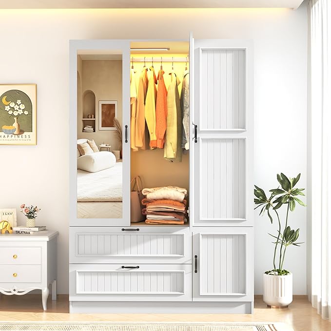 Squireewo Vertical Grooved Style 3 Doors Wardrobe Closet Armoire with Mirrors and LED Lights, 70.3" H Modern Wooden Bedroom Armoires with 2 Drawers, Large Capacity Freestanding Armoire, White
