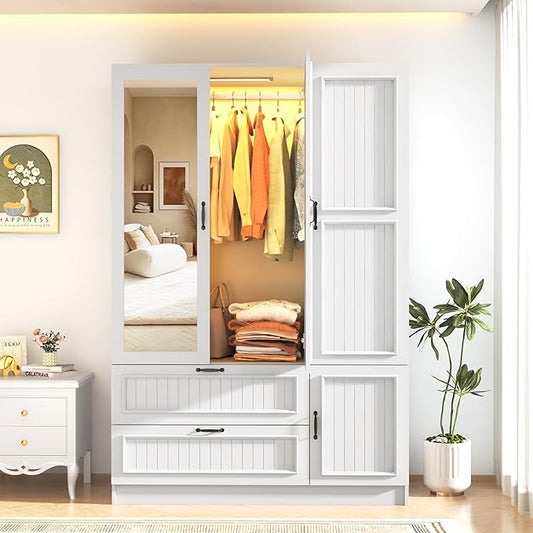 Squireewo Vertical Grooved Style 3 Doors Wardrobe Closet Armoire with Mirrors and LED Lights, 70.3" H Modern Wooden Bedroom Armoires with 2 Drawers, Large Capacity Freestanding Armoire, White