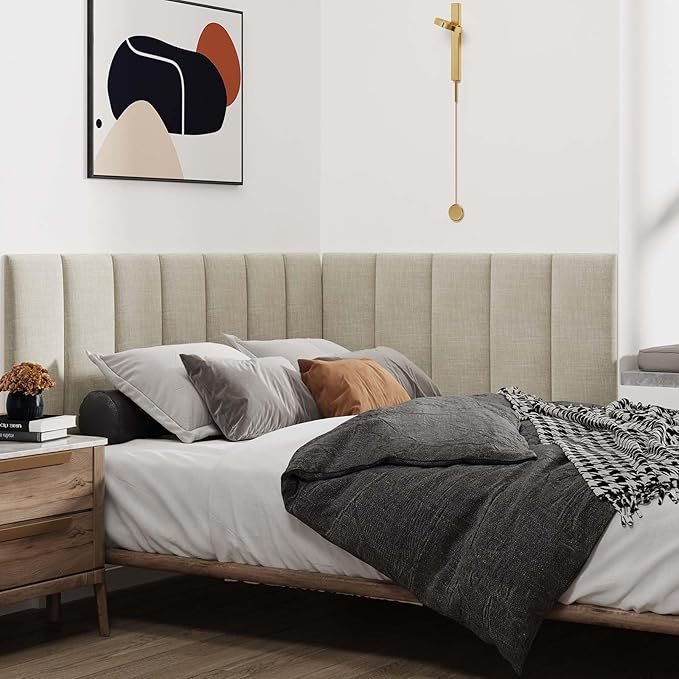 IFNOW Upholstered Wall Mounted Headboard, 3D Soundproof Wall Panels Peel and Stick for Queen Size, Reusable and Removable Tufted Bed Headboard in Beige (6 Panels, 10" x 24")