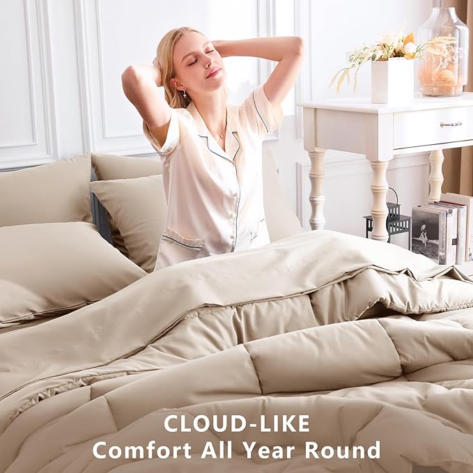CozyLux Queen Comforter Set Wheat, 7 Pieces Bed in a Bag, Wheat Comforters Queen Size, All Season Bedding Sets with Stitch Quilted Comforter, Flat Sheet, Fitted Sheet, Pillowcases