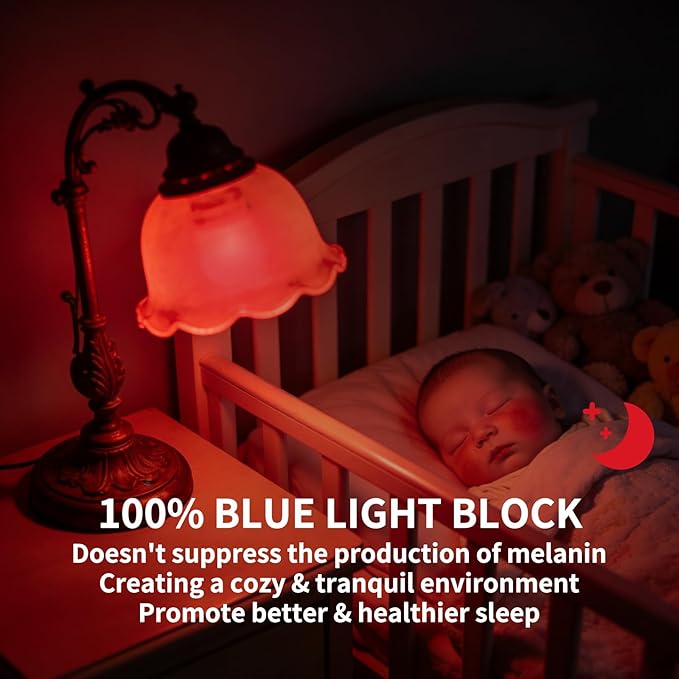 625nm Red Light Bulbs for Sleep, 3W 100% Blue Light Block Light Bulbs that Mimics the Natural Tones of Sunset, Promote Melatonin Production, Relieve Stress, Perfect for Baby's Bedroom, Sleeping, 2PK
