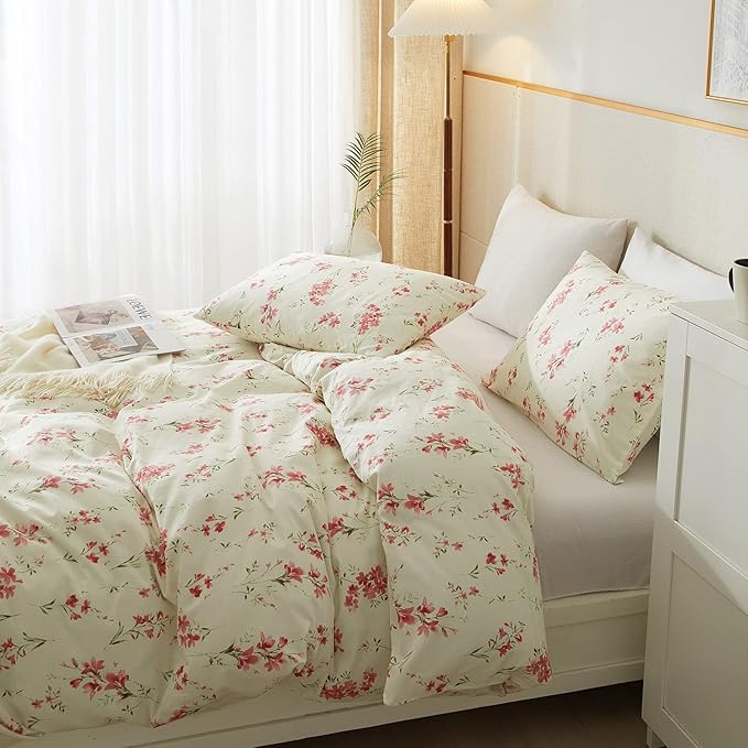 mixinni Boho Red Floral Girl Duvet Cover Set, Soft Cotton Twin Size 3-Piece Aesthetic Floral Bedding Set, 1 Chic Flower Leaf Pattern Duvet Cover and 2 Pillowcases for All Seasons-Twin Size