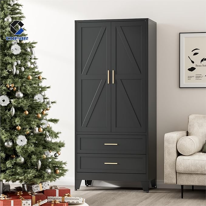 COFaR Armoire Wardrobe Closet with Drawers & Hanging Rod, 71'' Metal Wardrobe Closet with Doors & Adjustable Shelf, Farmhouse Wardrobe Cabinet for Bedroom Home Office Garage, Black