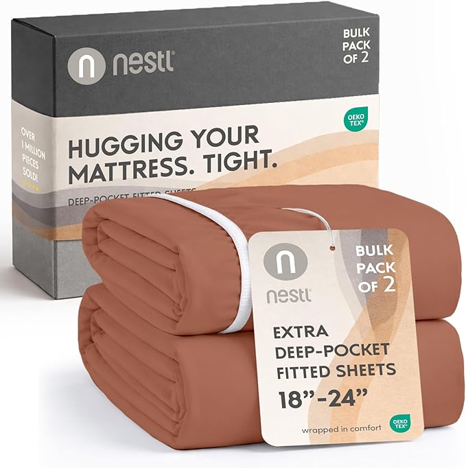 Nestl 2 Pack Rust Fitted Sheet Extra Deep Pocket, Hotel Luxury KingFitted Sheet Only Easily Fits 18 to 24 Inch Mattress, Super Soft, Wrinkle-Free and Breathable with Corner Straps