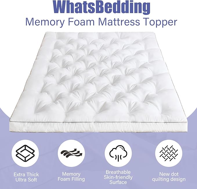 WhatsBedding 4 Inch Memory Foam Mattress Topper King Size for Pressure Relief, Extra Soft and Breathable Pillow Top Mattress Topper, Fluffy Shredded Memory Foam Filled，80 * 78 * 4in