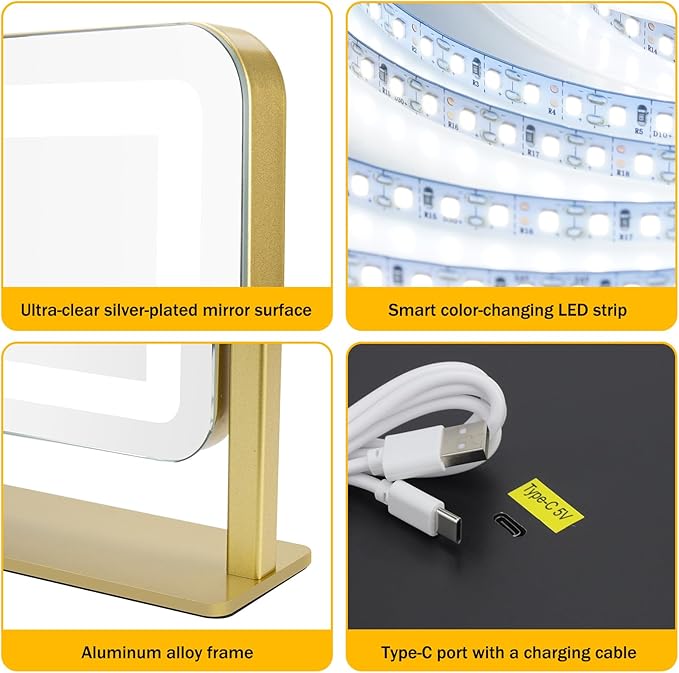Vanity Mirror with Lights, 15"×12.2" Large LED Makeup Mirror with Light, HD Mirror, Smart Touch with 3-Color Lighting, Dimmable, 360° Rotation, Lighted Up for Vanity Desk Tabletop, Bedroom (Gold)