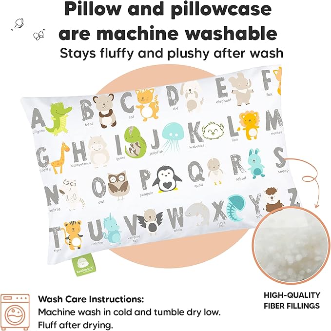 Toddler Pillow with Pillowcase - 13x18 My Little Dreamy Kids Travel Bed Pillows for Sleeping, Organic Cotton Small Pillowcase, Soft & Breathable, Machine Washable, Toddlers 2-5 Years Old (KeaABC)