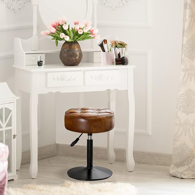 LUE BONA Adjustable Vanity Stool, 360°Swivel Vanity Chair for Makeup Room, Brown Stool Chair for Vanity, Small Faux Leather Vanity Stools for Bathroom, Living Room