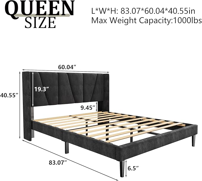 HAOARA Queen Bed Frame with Headboard, Velvet Upholstered Platform Bed Frames with Wingboard, Contemporary Mattress Foundation, Noise Free, No Box Spring Needed, Easy Assembly, Black