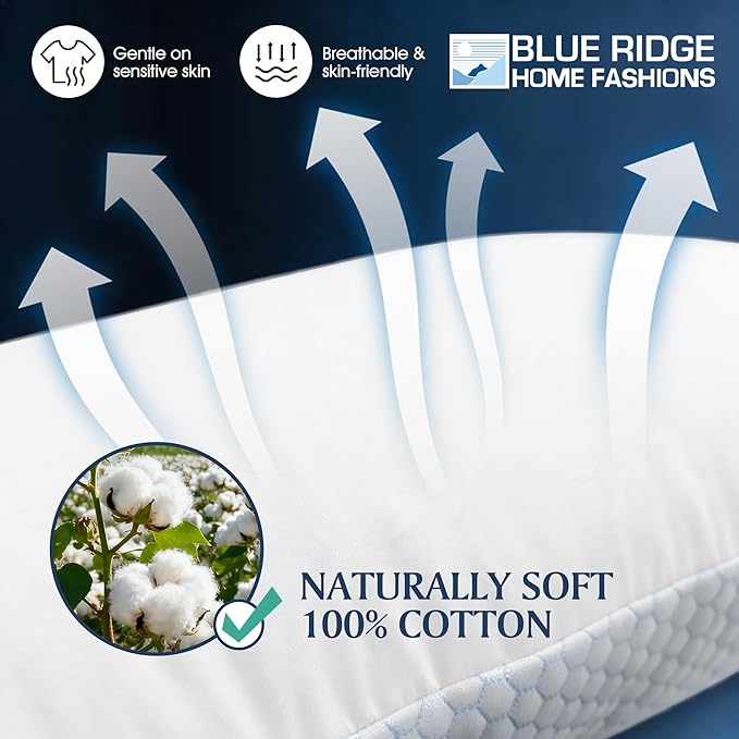 Blue Ridge Home Fashions Cooling Bed Pillows King Size Set of 2, Reversible Cooling & Cotton Fabric, Medium Firm, Down Alternative Breathable Support for Hot, Side, Back & Stomach Sleepers, 20" x 36"