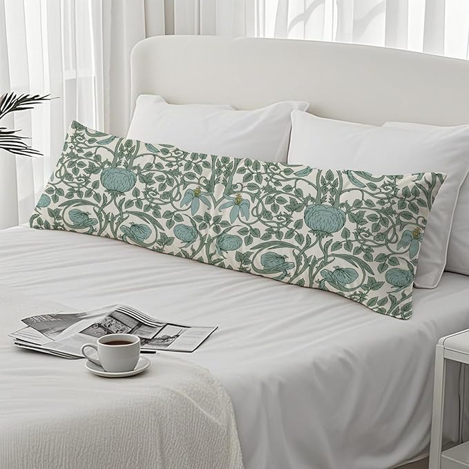 Vintage Green Floral 20x54 Body Pillow Cover, Cottagecore Room Decor, Retro Green Flowers Botanical Art Nouveau Decorative Long Body Pillow Cases for Bed Couch