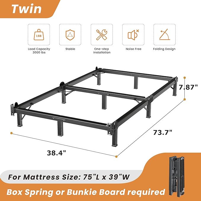 MAF Metal Bed Frame Twin 8 Inches, 9-Legs Support Bed Base, Twin Bed Frame for Box Spring and Mattress, Basics Bed Frame Headboard Attachable Tool-Free Easy Assembly, Black