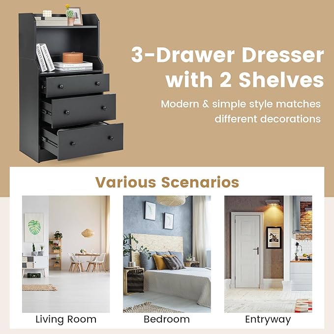 Tall 3 Drawers Dresser, Wood Chest of Drawers with 2 Open Shelves, Modern Nightstand with Anti-Toppling Device, Home Storage Cabinet Dresser Closet for Bedroom, Living Room, Entryway (Black)