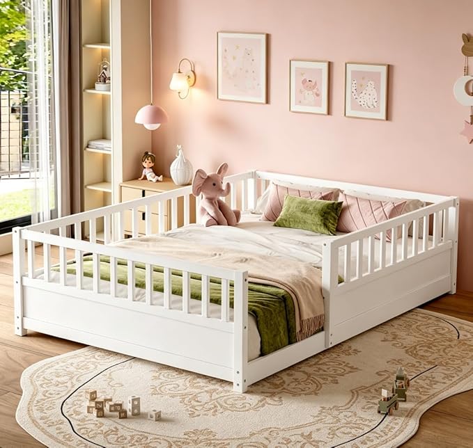 Bellemave Full Floor Bed with high Fence, Solid Pine Wood Montessori Bed for Kids Girls Boys Floor Bed Frame, White with slats