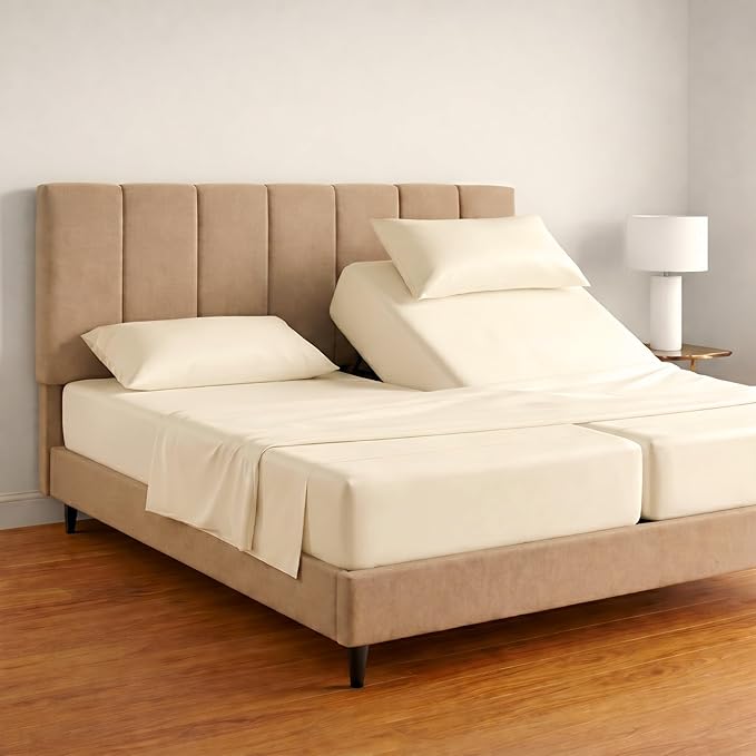 100% Egyptian Cotton Split King Sheets Sets for Adjustable Bed Ivory - Luxury Hotel Collection, Cooling, Breathable Sateen Weave, Anti Pilling Extra Long Staple Cotton, 16" Deep Pocket - 5 Pc