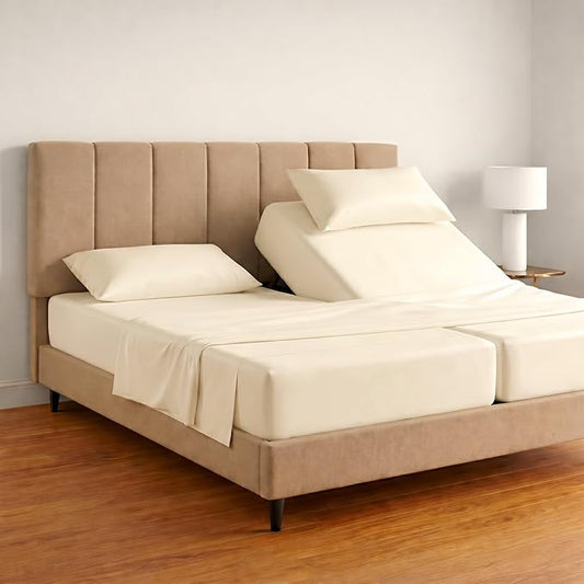 100% Egyptian Cotton Split King Sheets Sets for Adjustable Bed Ivory - Luxury Hotel Collection, Cooling, Breathable Sateen Weave, Anti Pilling Extra Long Staple Cotton, 16" Deep Pocket - 5 Pc
