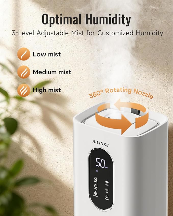 Humidifiers for Bedroom, 2.1Gal/8L Cool Mist Humidifier Large Room 500 sq ft, Humidifiers for Home with Essential Oil Diffuser, Light/Top Fill/Quiet Humidifier for Baby Nursery Office Plants, White