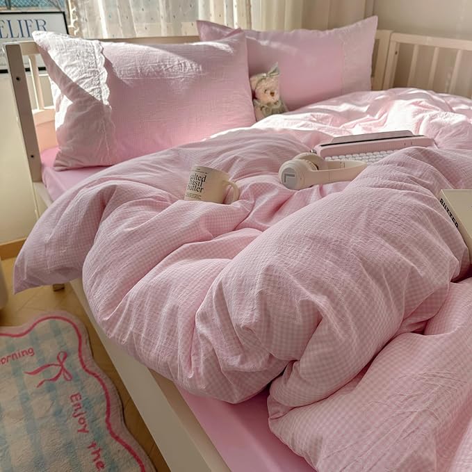 mixinni Pink Gingham Duvet Cover Full Size - 3 Piece Cottagecore Plaid Bedding Set with Lace Trim, Soft Washed Microfiber Vintage Aesthetic Grid Comforter Cover & Pillow Shams, (Pink White Gingham)