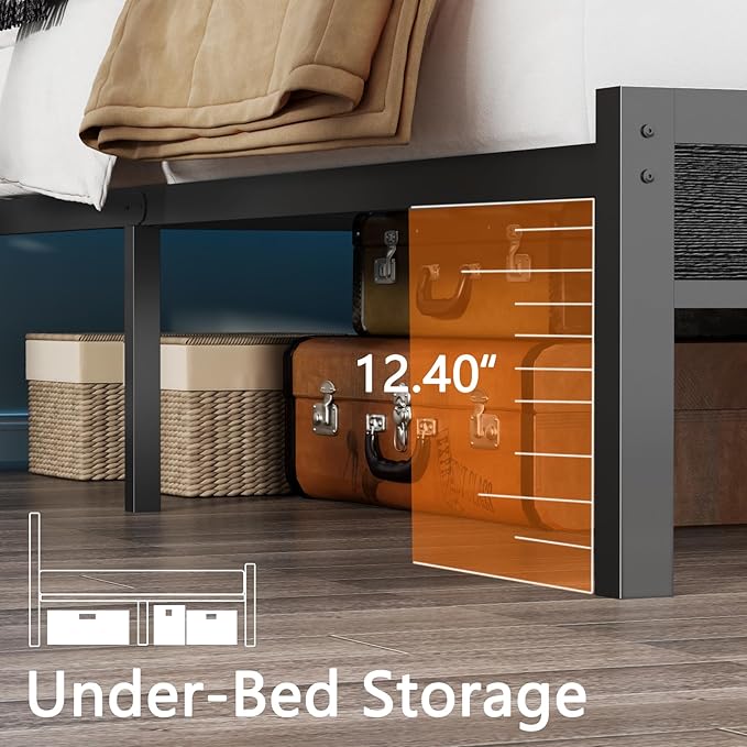 Furnulem Queen Bed Frame with Headboard, 3-Tier Storage Shelves & 2 Fabric Drawers, Built-in Charging Station & RGB LED Lights, Metal Slat Support, No Box Spring Needed, Easy Assembly, Black Oak