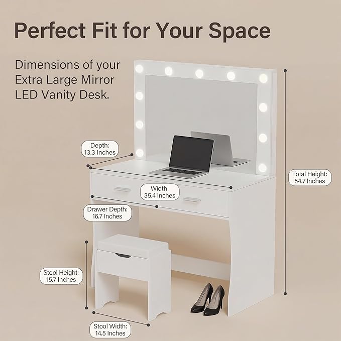 YESHOMY Vanity Desk with Mirror,Makeup Vanity Table with 11 Adjustable Lights and 2 Spacious Drawers,3 Lighting Modes with Control&Soft-Padded Storage Stool,Modern Bedroom Vanity Set, Pure White