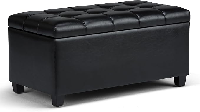 SIMPLIHOME Sienna Storage Ottoman Bench - 33 inch Wide Upholstered Vegan Leather Rectangle Storage Ottoman Bench in Satin Cream, Transitional Tufted Ottoman for Living Room or Entryway with Lift Top