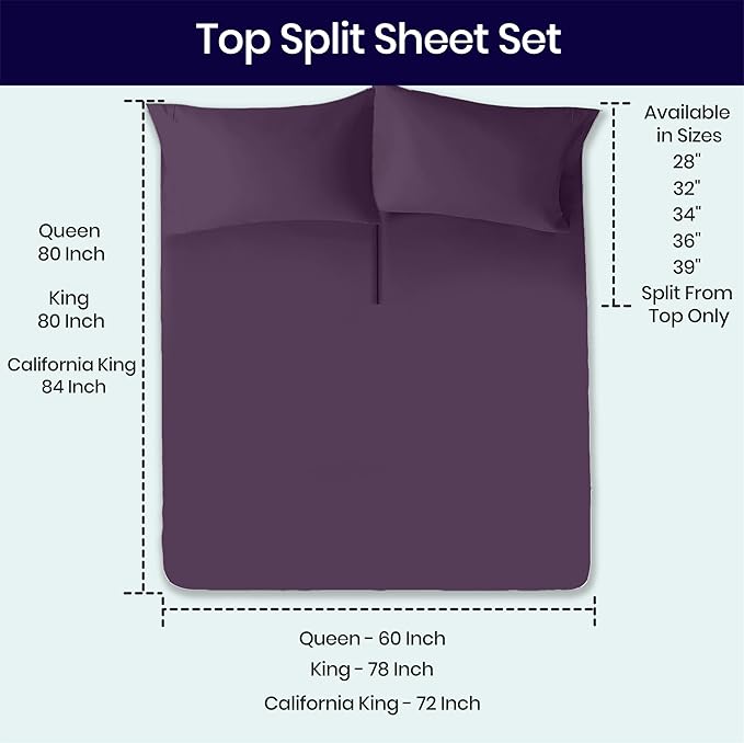 SGI bedding 32" Queen Split Top Flex Head Sheet 100% Egyptian Cotton 1000 Thread Count Flex Top Sheet for Adjustable Bed 4Pc Sheet Set 15" Deep Pocket for Sleep Number Bed - Plum