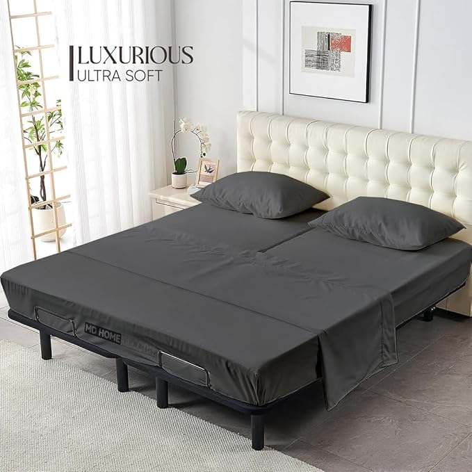4 Piece Split Head Flex Sheet Set, 34" Top Split King Sheets for Adjustable Beds, 100% Egyptian Cotton, 16 Inch Deep Pocket, Soft Durable Breathable Sheets, Dark Grey Solid, Ideal for Adjustable Beds