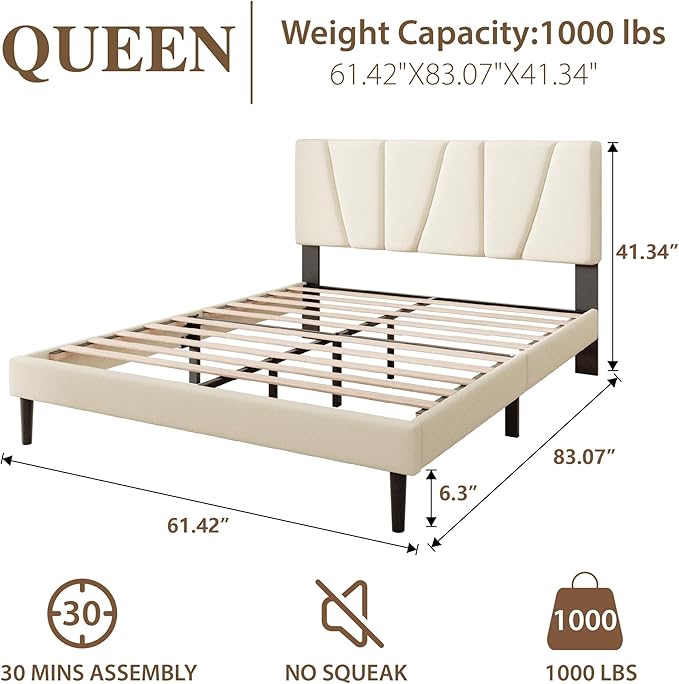 Queen Size Bed Frame, Linen Upholstered Platform Bed with Headboard, Strong Wooden Slats Support, Noise-Free Mattress Foundation, No Box Spring Needed, Easy Assembly, Beige