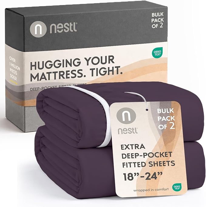 Nestl 2 Pack Purple Fitted Sheet Extra Deep Pocket, Hotel Luxury FullFitted Sheet Only Easily Fits 18 to 24 Inch Mattress, Super Soft, Wrinkle-Free and Breathable with Corner Straps