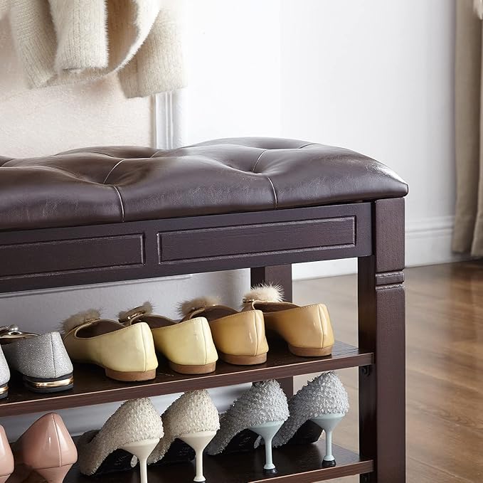 Shoe Storage Bench with Cushion, Entry Bench with Storage Solid Wood Shoe Bench Ideal for Entryway Living Room and Corridor (Brown 39.4'')