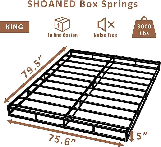 SHOANED King Size Box Springs - 5 Inch Low Profile Mattress Foundation No Noise Heavy Duty Metal Basics Bed Base with Clean Fabric Cover, Easy Assembly