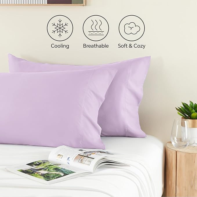 BEDELITE Pillow Cases Queen Size Set of 2, Rayon Derived from Bamboo, Cooling Pillow Cases for Hot Sleepers & Night Sweats, Breathable and Silky Soft Envelope Pillowcases(Light Purple, 20"x30")