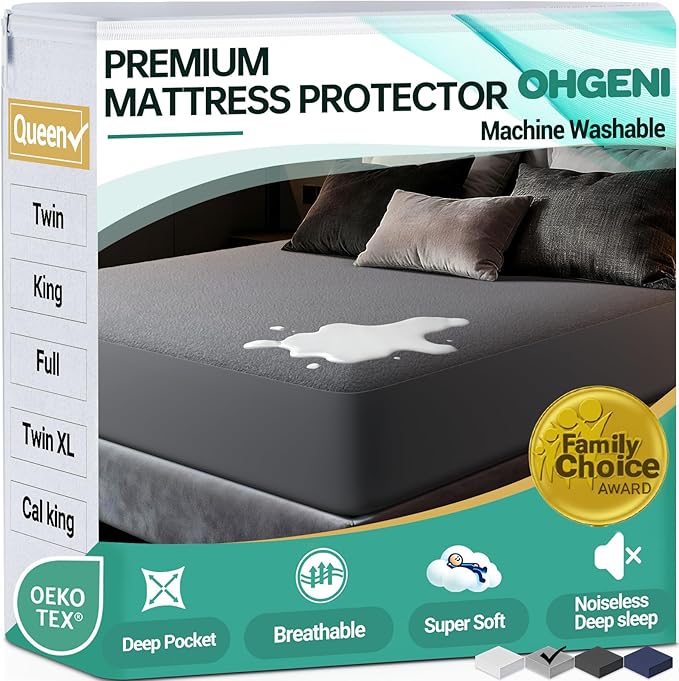 OhGeni 100% Waterproof Mattress Protector, Queen Grey Size, Fitted Sheet with Deep Pockets, 6''-18'', Premium Noiseless Breathable Soft Material, Mattresses Cover for Bed