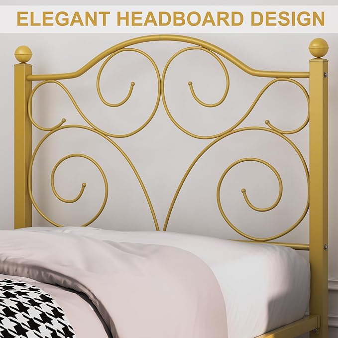 VECELO Twin Size Bed Frame with Headboard and Footboard, Heavy Duty Metal Slat Support, Platform Mattress Foundation, No Box Spring Needed, Easy Assembly, Gold
