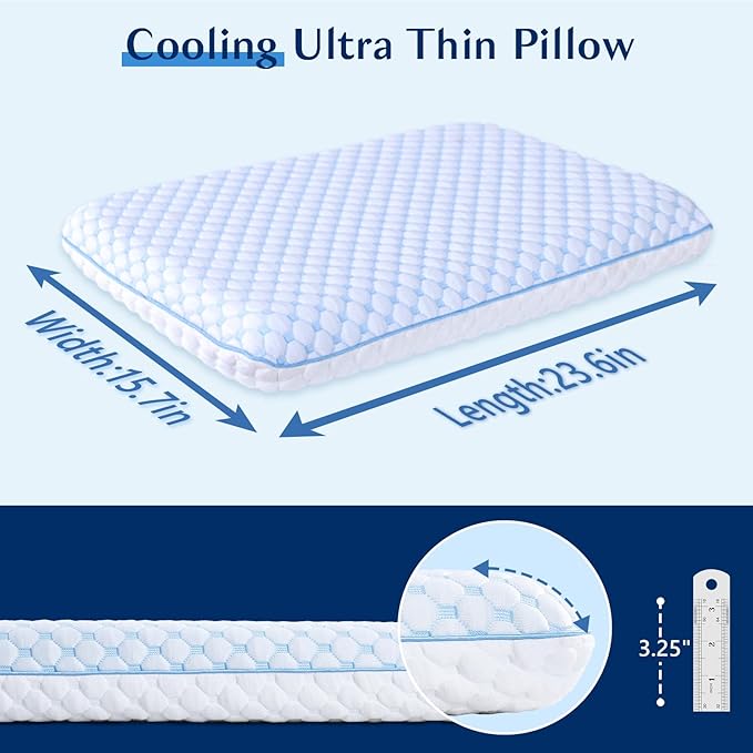 Stomach Sleeping Pillow for Shoulder and Neck Pain Relief, Thin Pillow for Sleeping- Cooling Memory Foam Pillows Flat Pillows for Stomach Sleepers,Low Profile 3.25-inches for Back Sleeper