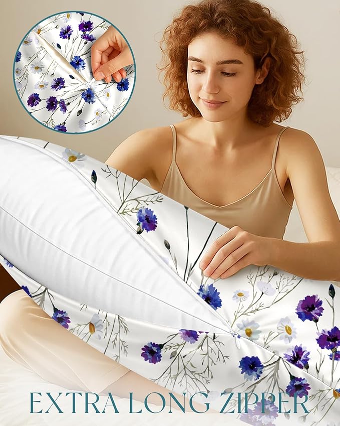 Miss Adola Silk Body Pillow Cover with Zipper - 20x54 Inch Silk Long Pillow Case for Women Ladies Adults Soft Bed Decorative Cute Boho Large Body Pillowcase Sham for Hair and Skin, Blue Daisy
