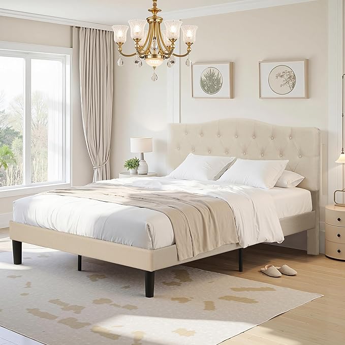 VECELO Queen Size Platform Bed Frame with Fabric Upholstered Headboard and Wooden Slats Support, No Box Spring Needed/Easy Assembly,Beige