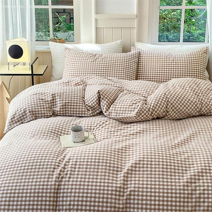 Nayoroom Brown Gingham Duvet Cover Queen Size Tan White Plaid Checkered Duvet Cover Grid Dorm Bedding Set 3 Pieces Soft Lightweight Washed Microfiber Farmhouse Bedding with Pillowcases