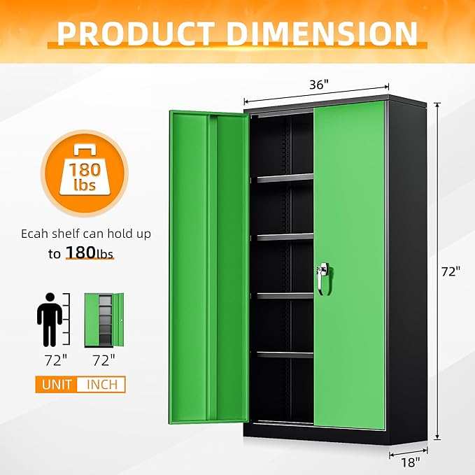 INTERGREAT Storage Cabinet,72”H Garage Steel Locking Cabinets with Doors and 4 Adjustable Shelves, Tall Lockable File Tool Cabinets for Home Office, Metal Classroom Cabinet Basement, Black-Green