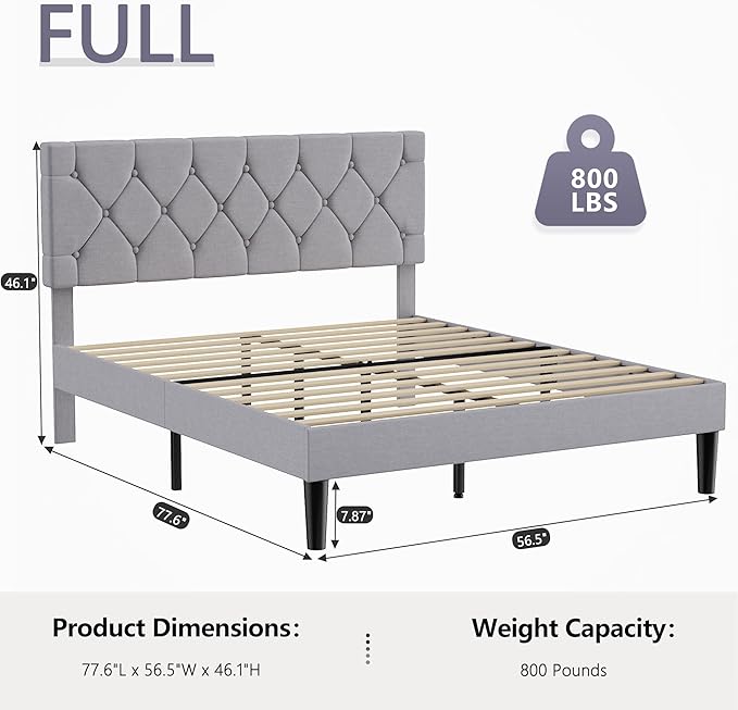 VECELO Full Size Bed Frame with Button Tufted Headboard, Upholstered Platform Bedframe with Wood Slat Support, No Box Spring Needed, Dark Grey