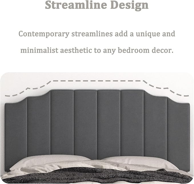 Befurtori Queen Size Headboard Only, Velvet Wall Mounted Headboard Queen/Full Size for Adjustable Bed, Modern Vertical Channel Design with Curved Tufted Upholstered Head Board,Dark Gray