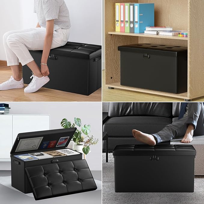 DocSafe Storage Ottoman Bench with Lock,Fireproof 30 Inches Folding Bench Foot Rest Stool Storage Chest Safe for Living Room,Bedroom,Home Office,Waterproof Leather Ottoman with Handles,Black