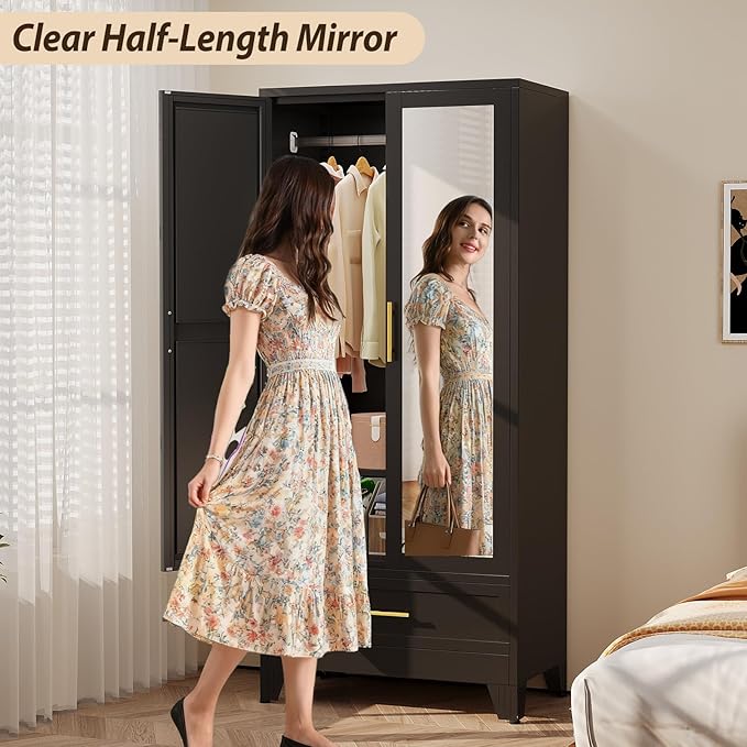 Metal Wardrobe Storage Cabinet with Mirror and Hanging Rod,71'' Metal Clothing Cabinet with 2 Doors and Drawer for Bedroom, Laundry Room, Cloak Room (Black)