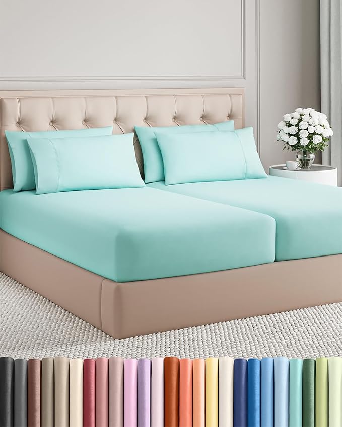 Split King 7 Piece Sheet Set - Comfy, Breathable & Cooling - Soft Hotel Luxury Bedding for Women, Men, Kids, Teens and Children - 1 Flat & 2 Fitted Sheets & 4 Pillowcases with Deep Pockets - Spa Blue