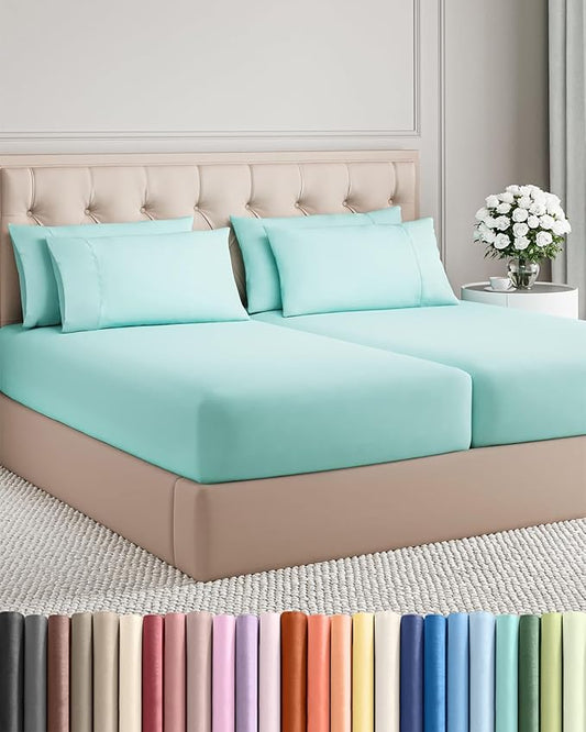 Split King 7 Piece Sheet Set - Comfy, Breathable & Cooling - Soft Hotel Luxury Bedding for Women, Men, Kids, Teens and Children - 1 Flat & 2 Fitted Sheets & 4 Pillowcases with Deep Pockets - Spa Blue
