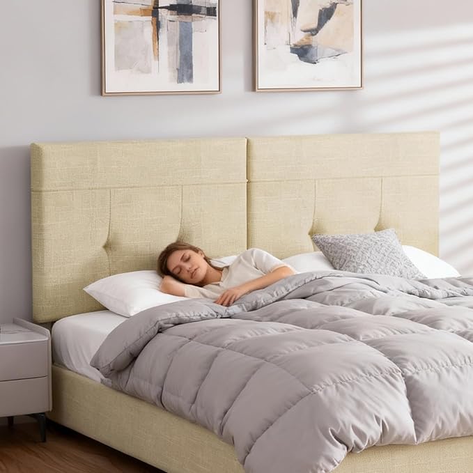 Queen Headboard Only with Adjustable Metal Legs, Faux Leather Upholstered Headboard Queen Size, Modern Stylish Headboard with Sunken Dot Design, Sturdy Bed Headboard for Bedroom, Linen