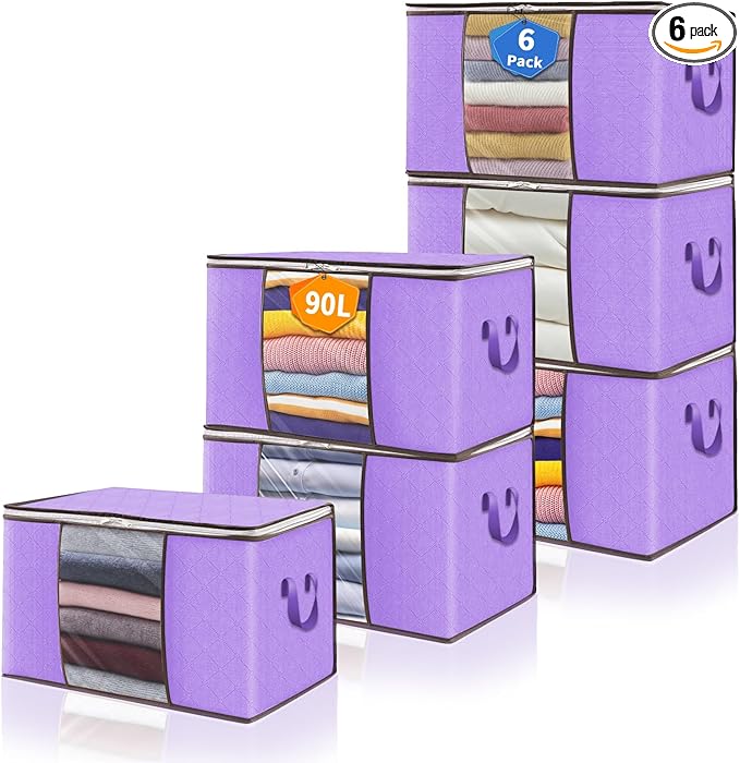 90L Clothes Blanket Storage Bags, 6 Pack Under Bed Storage Bins with Lids, Foldable Closet Organizer with Reinforced Handles for Clothing, Blanket, Comforters, Bed Sheets, Pillows and Toys, Purple