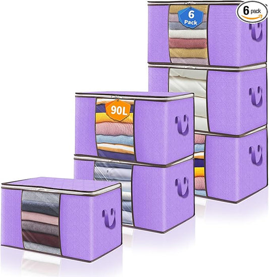 90L Clothes Blanket Storage Bags, 6 Pack Under Bed Storage Bins with Lids, Foldable Closet Organizer with Reinforced Handles for Clothing, Blanket, Comforters, Bed Sheets, Pillows and Toys, Purple