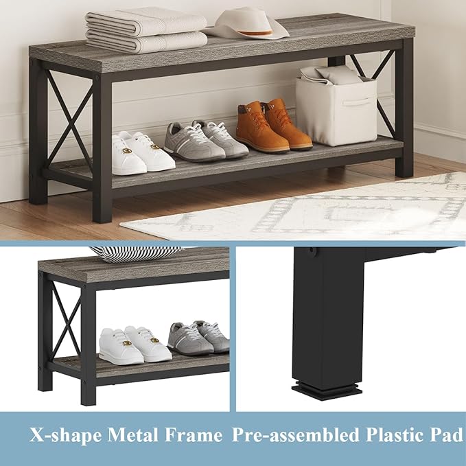 BON AUGURE Entryway Bench with Shoe Storage, 47" Modern Industrial Wood & Metal Hallway Bench for Mudroom, Living Room in Dark Grey Oak