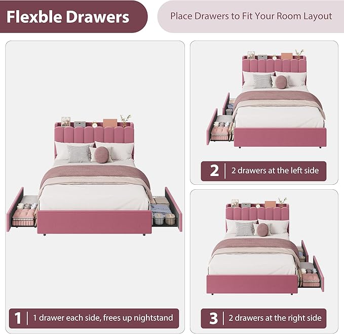 Garvee LED Full Size Bed Frame with Storage Headboard, Kids Bed Frame with 2 Drawers, Boucle Upholstered Platform Bed for Girls, Chic Wavy Headboard with Bookcase, No Box Spring Needed, Dark Pink